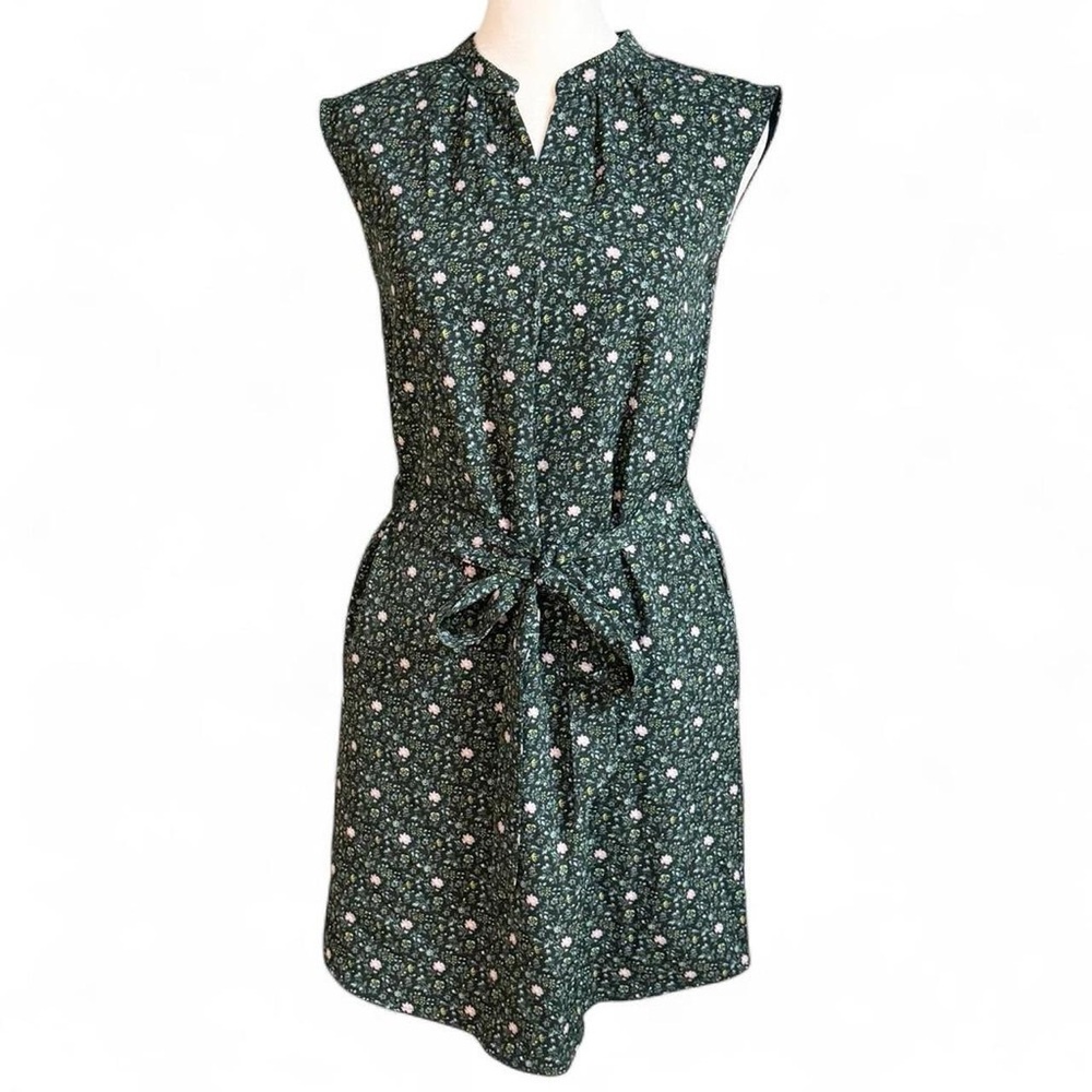 Loft Dark Green Floral Mini Dress Petite XXS Tie Waist Sleeveless